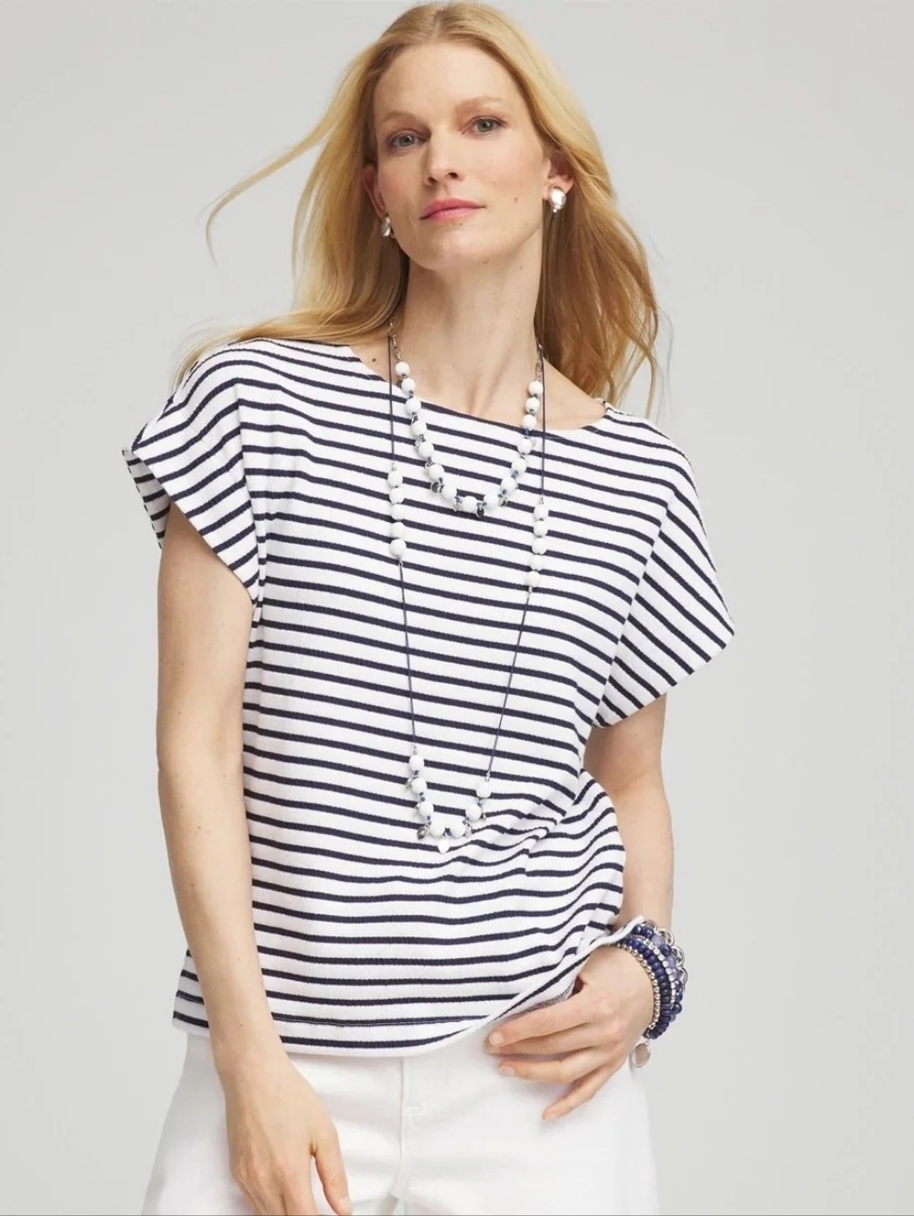 Chico's NWT Striped Textured Dolman Slv Passport Blue Nautical Top 3/XL